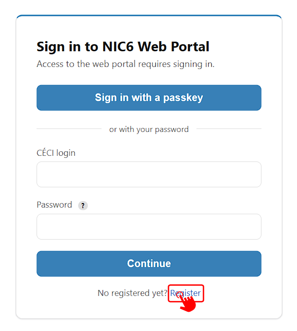 NIC6 Web Portal sign-in page with the Register link highlighted
