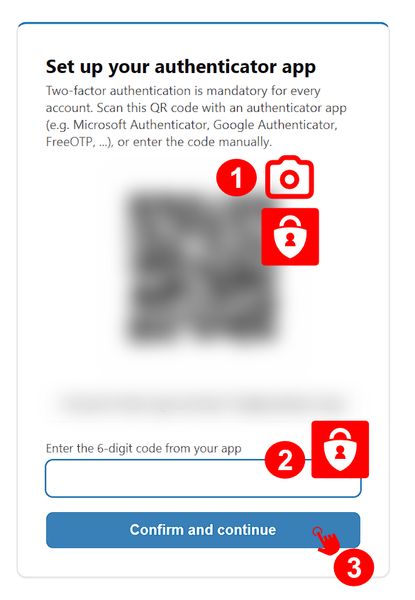 Set up your authenticator app page with the QR code, the 6-digit code field and the Confirm and continue button