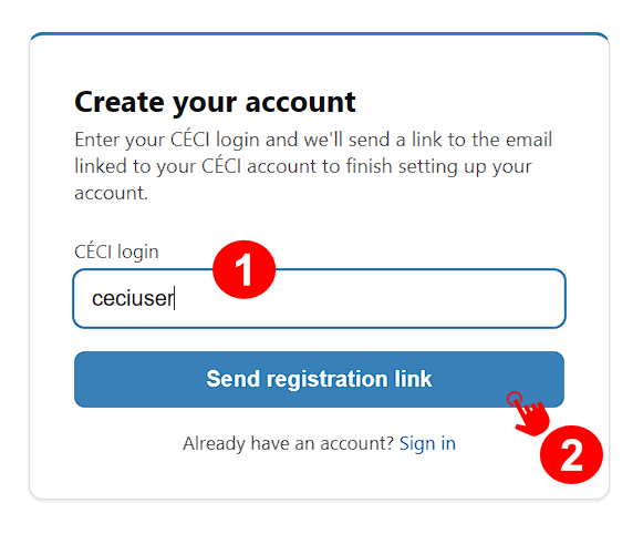 Create your account form with the CÉCI login field and the Send registration link button