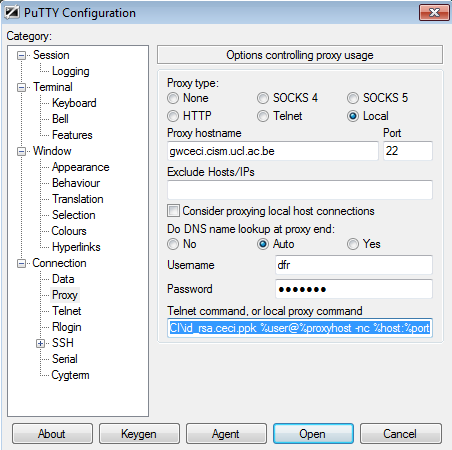 PuTTY proxy settings